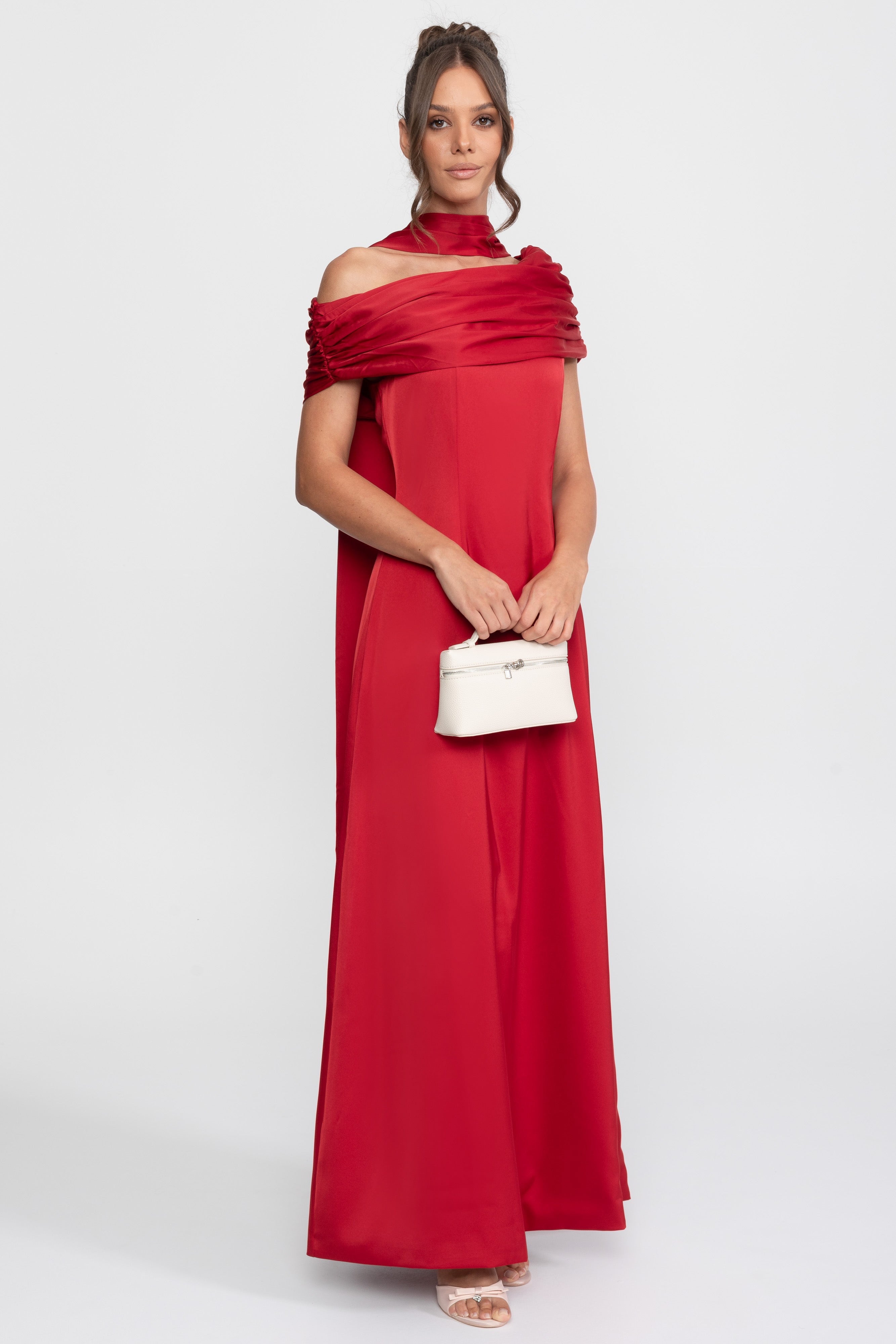 Rochie lungă din satin drapată, cu un umăr, cu înfășurare cu fronseuri - Red 