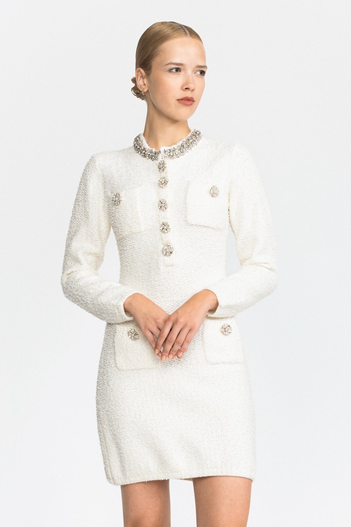 Rochie mini din tricot bouclé cu guler Crystal - alb 
