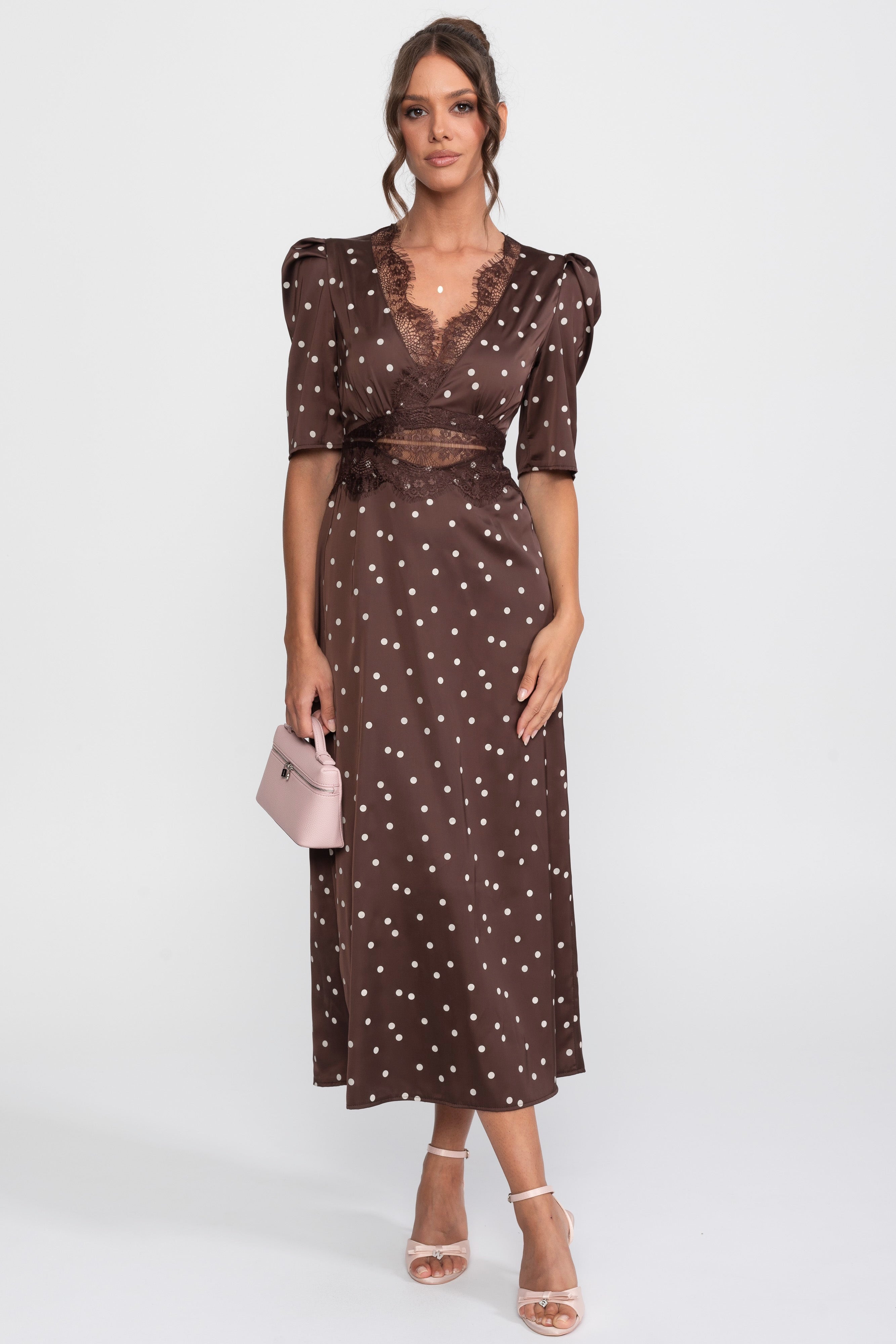 Rochie midi cu buline și margini din dantelă, cu mâneci bufante - Brown 