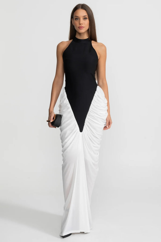 Halter Maxi Dress with  Contrasting Ruched Paneling - Black/White
