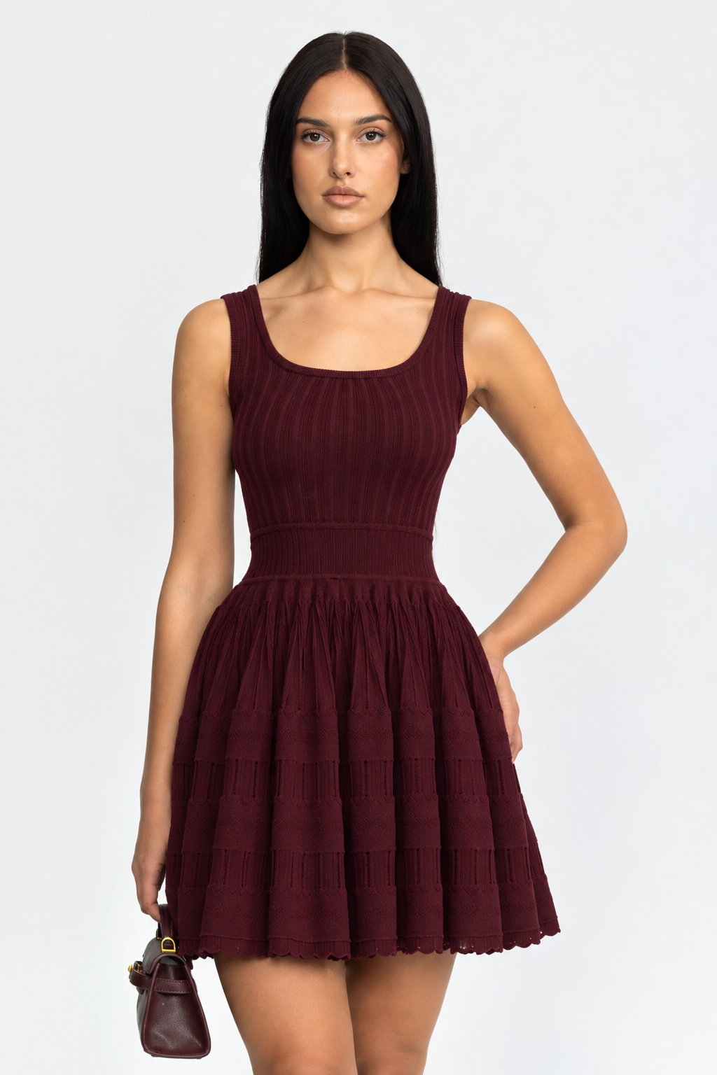 Rochie mini skater din tricot pointelle - vișiniu 