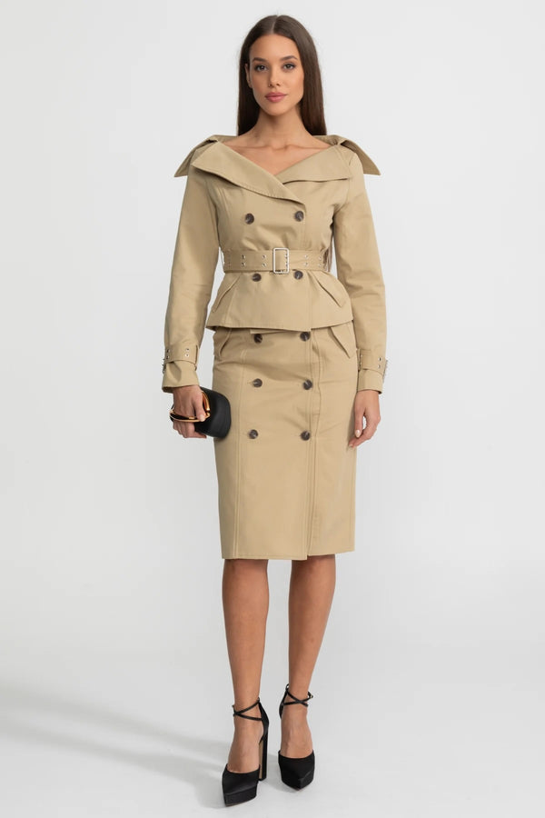 Set coordonat cu jachetă trench peplum cu umeri goi și fustă creion – Khaki 