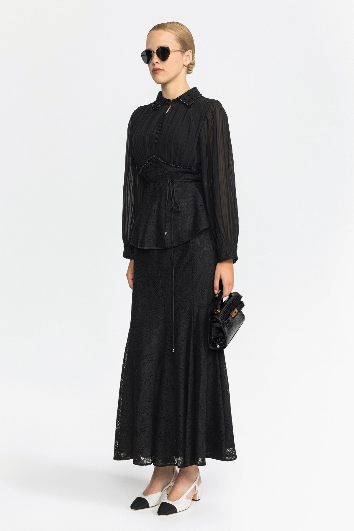 Set cu bluză peplum din șifon plisat și dantelă și fustă maxi - Negru 