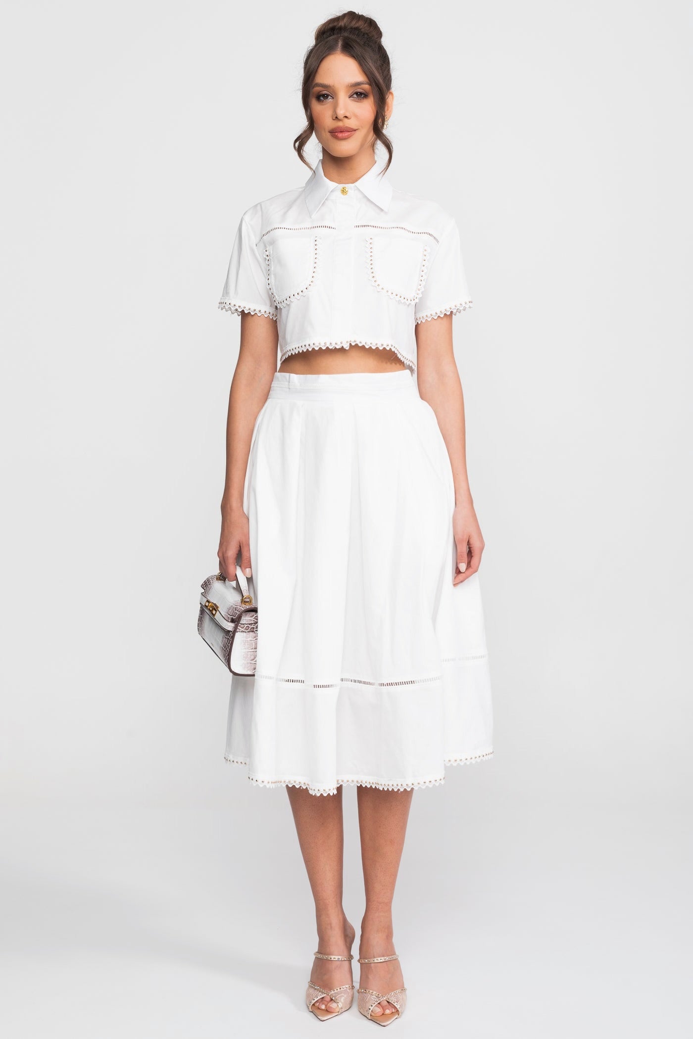 Broderie-Trim Cropped Shirt And Midi Skirt Co-Ord Set - White