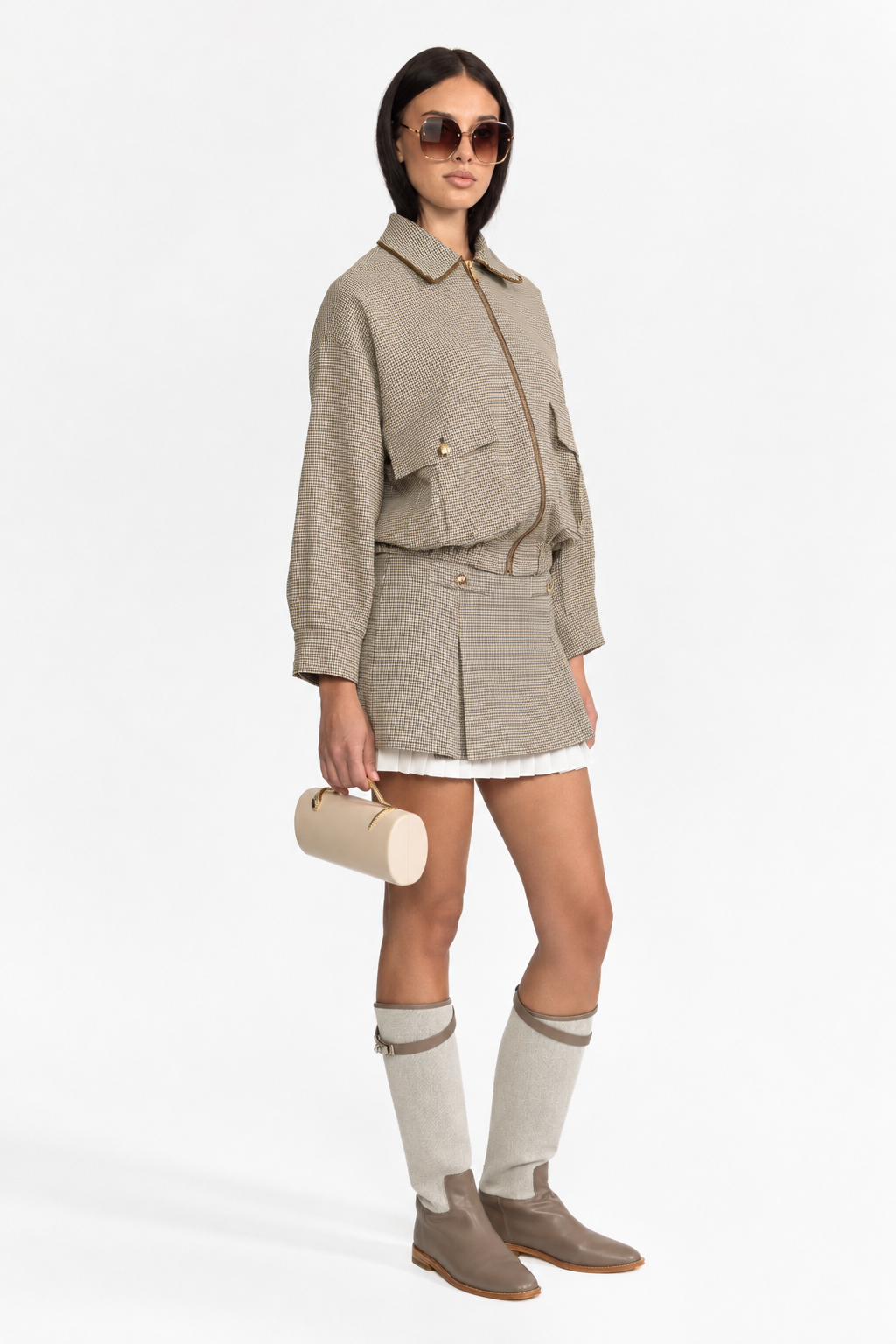 Houndstooth Bomber Jacket and Pleated Mini Skirt Set - Beige