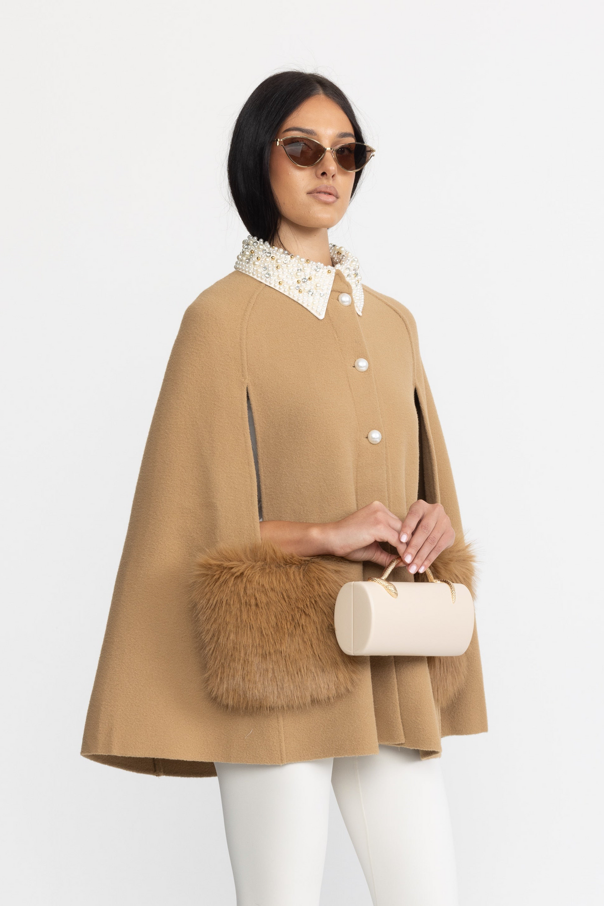 Pearl Embellished Collar Cape with Faux Fur Pockets - Camel