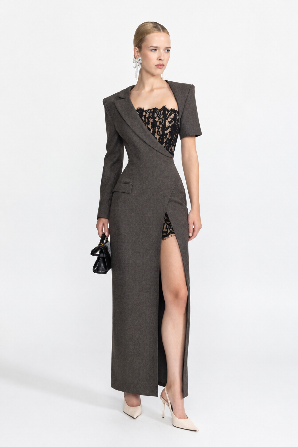 Rochie maxi tip blazer asimetrică cu bustieră din dantelă - Charcoal 