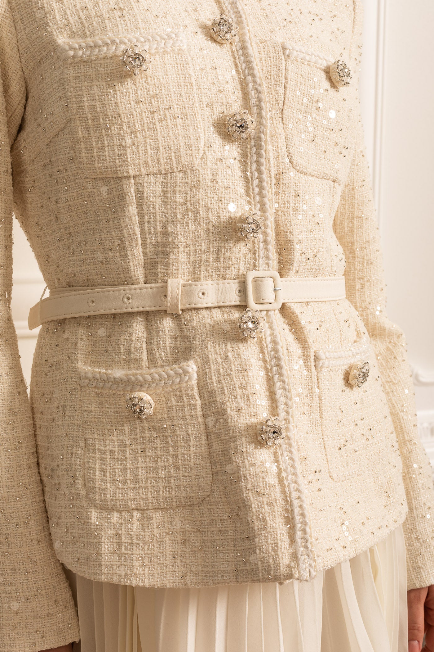 Textured Mini Dress With Pockets And Sheer Pleated Skirt - Beige