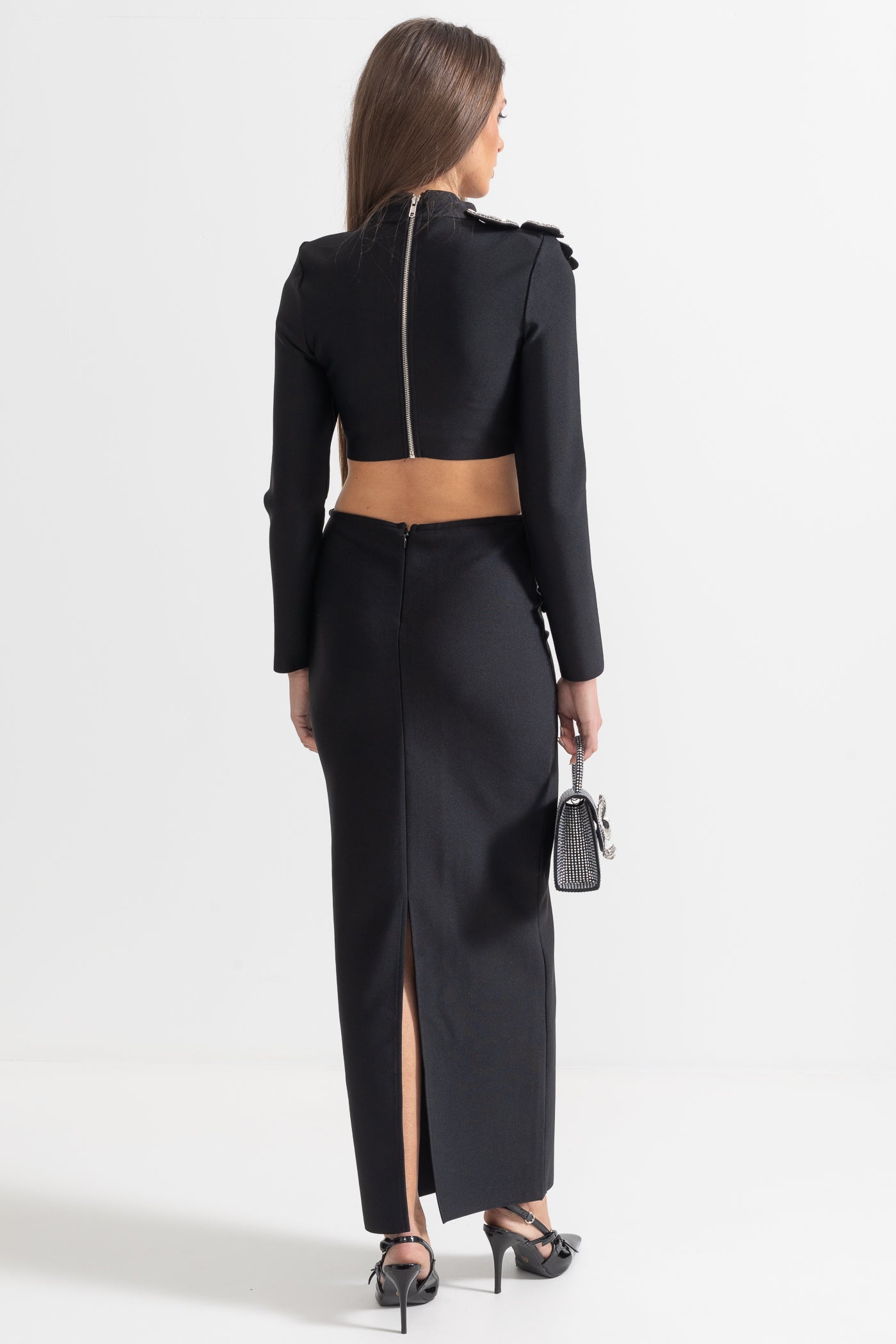 Set din două piese cu accent de floare din diamant, top cu mâneci lungi și fustă maxi - Negru 