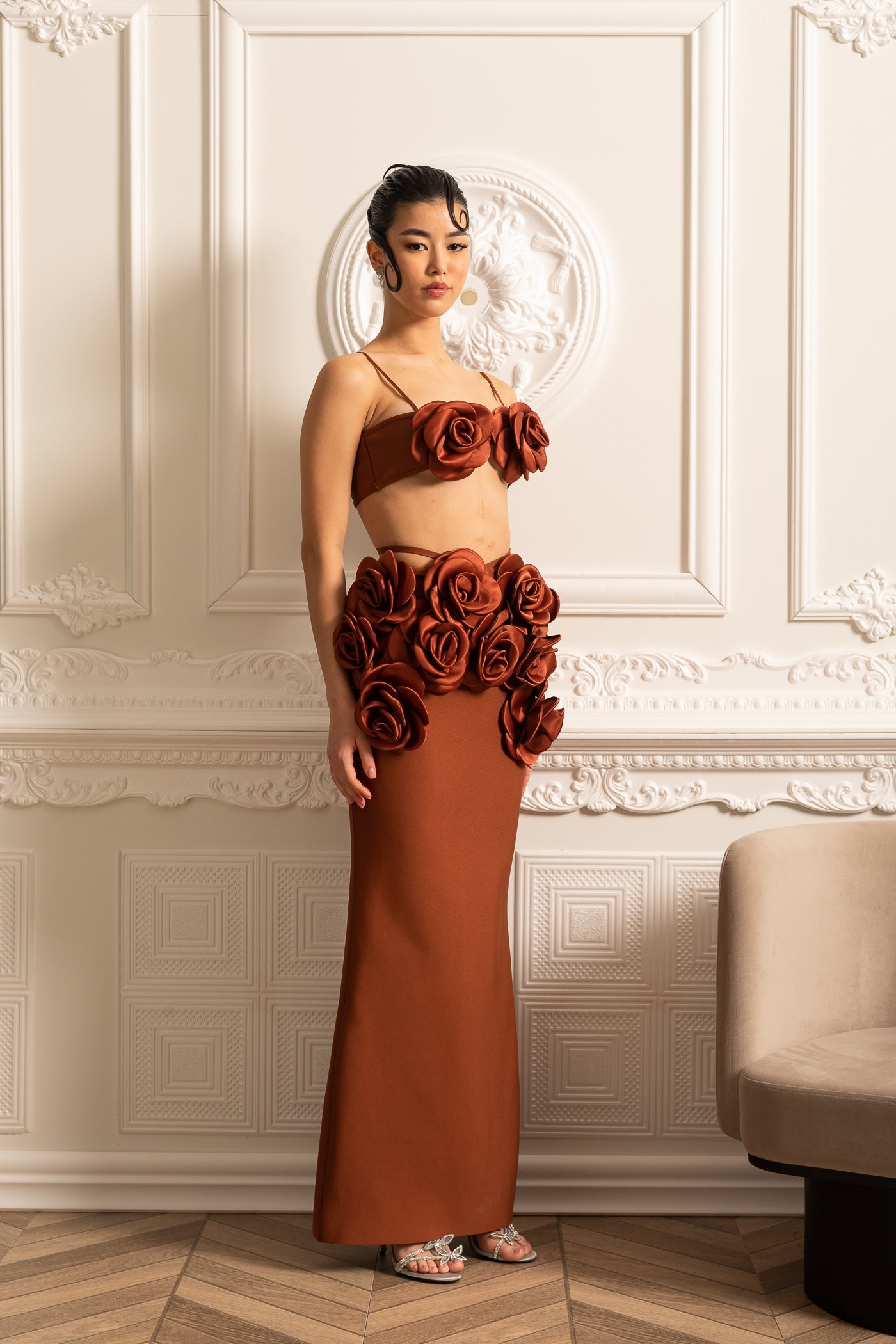 Elegant Satin Co-Ord Set With 3D Floral Embellishments - Brown