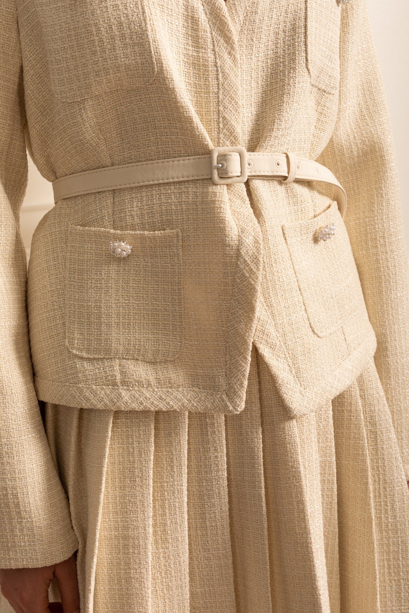 Textured Co-Ord Set With Long Sleeved Top And Matching Pleated Mini Skirt - Ivoire