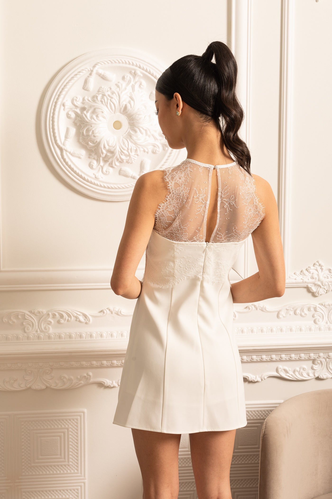 Ethereal Ombré Mini Dress With Lace Accents - White