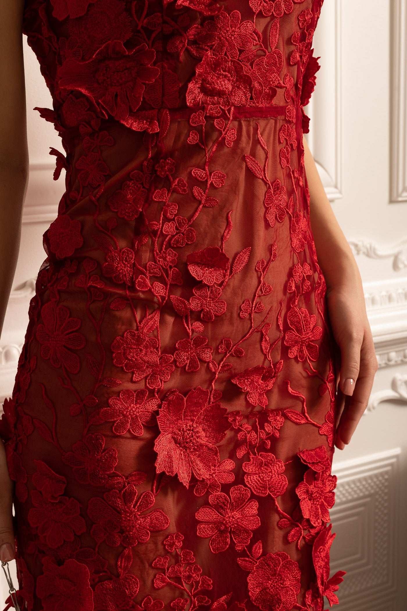 Sheer Embroidered Dress With Intricate Floral Pattern - Red