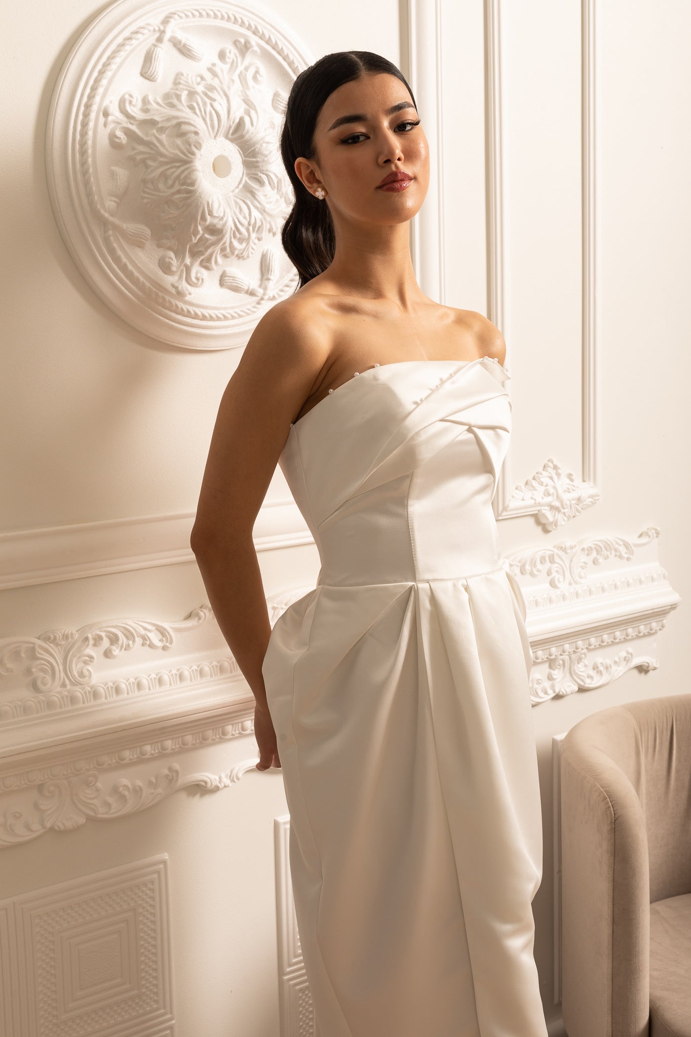 Strapless Midi Dress With Ruched Chest Detailing - White