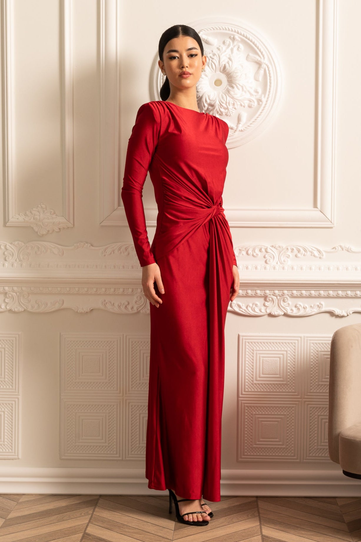 Satin Dress With Long Sleeves, Side Draping And Twisted Waist Detail - Red