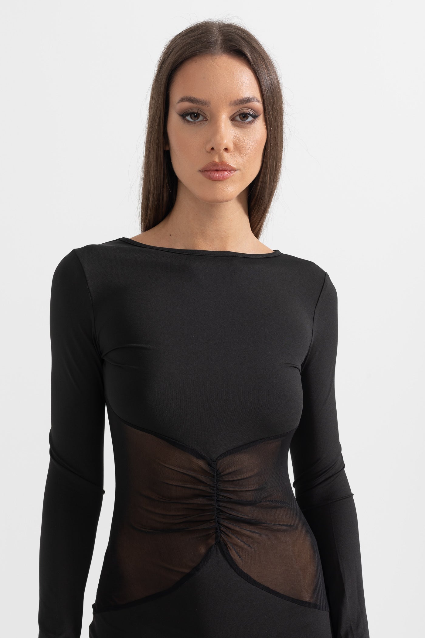 Rochie lungă elegantă cu talie transparentă - Negru 