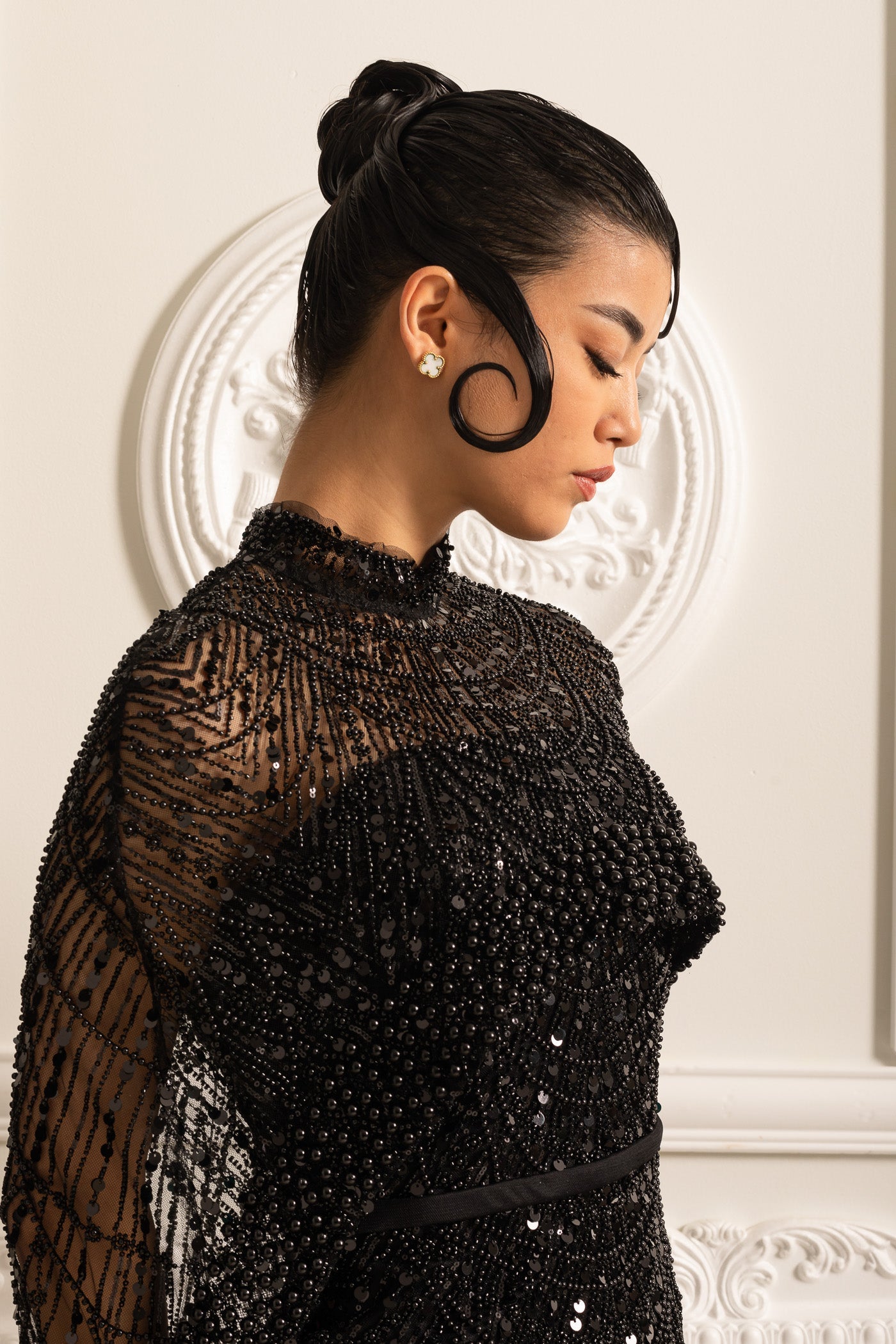 Glamourous Beaded Gown With Detachable Veil - Black