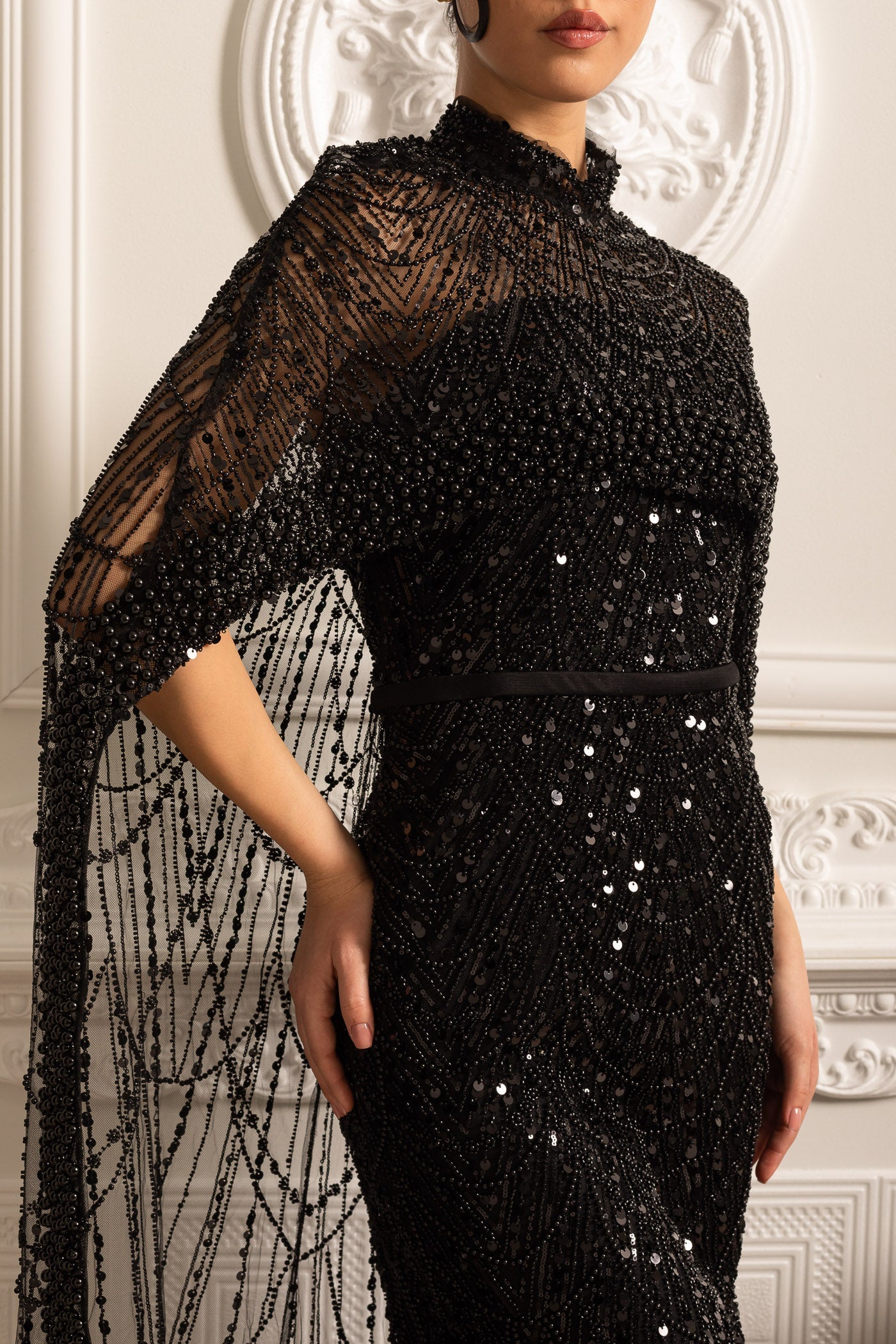Glamourous Beaded Gown With Detachable Veil - Black