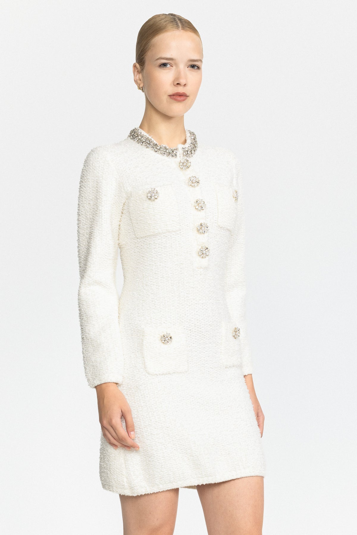 Rochie mini din tricot bouclé cu guler Crystal - alb 