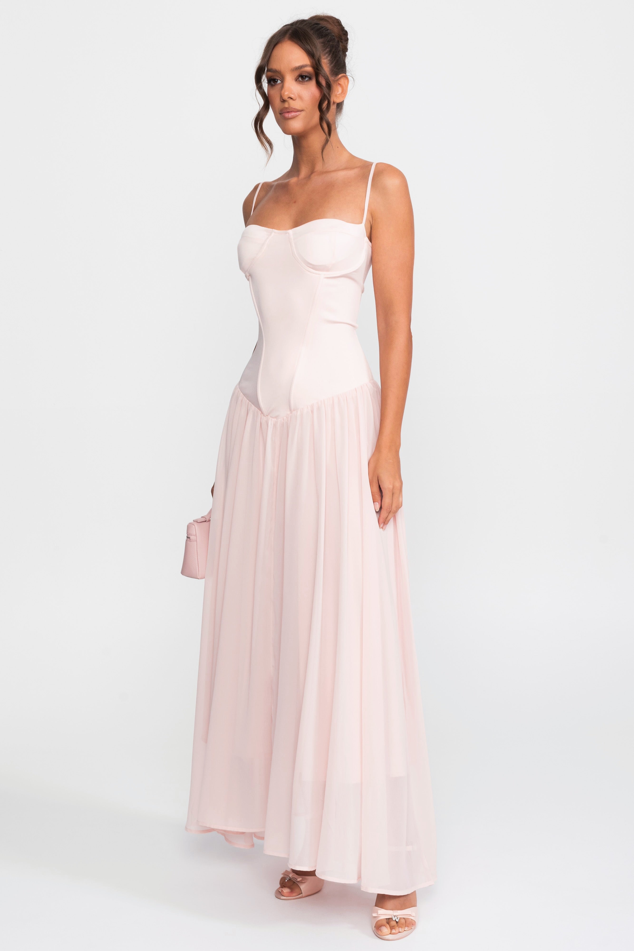Rochie din șifon cu corset și talie coborâtă - roz 