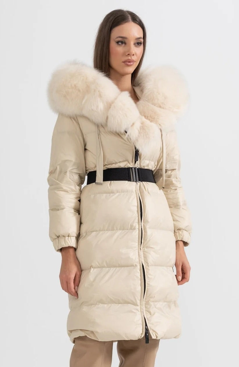 Long Puffer Jacket With White Fox Fur-Lined Hood - Ivoire