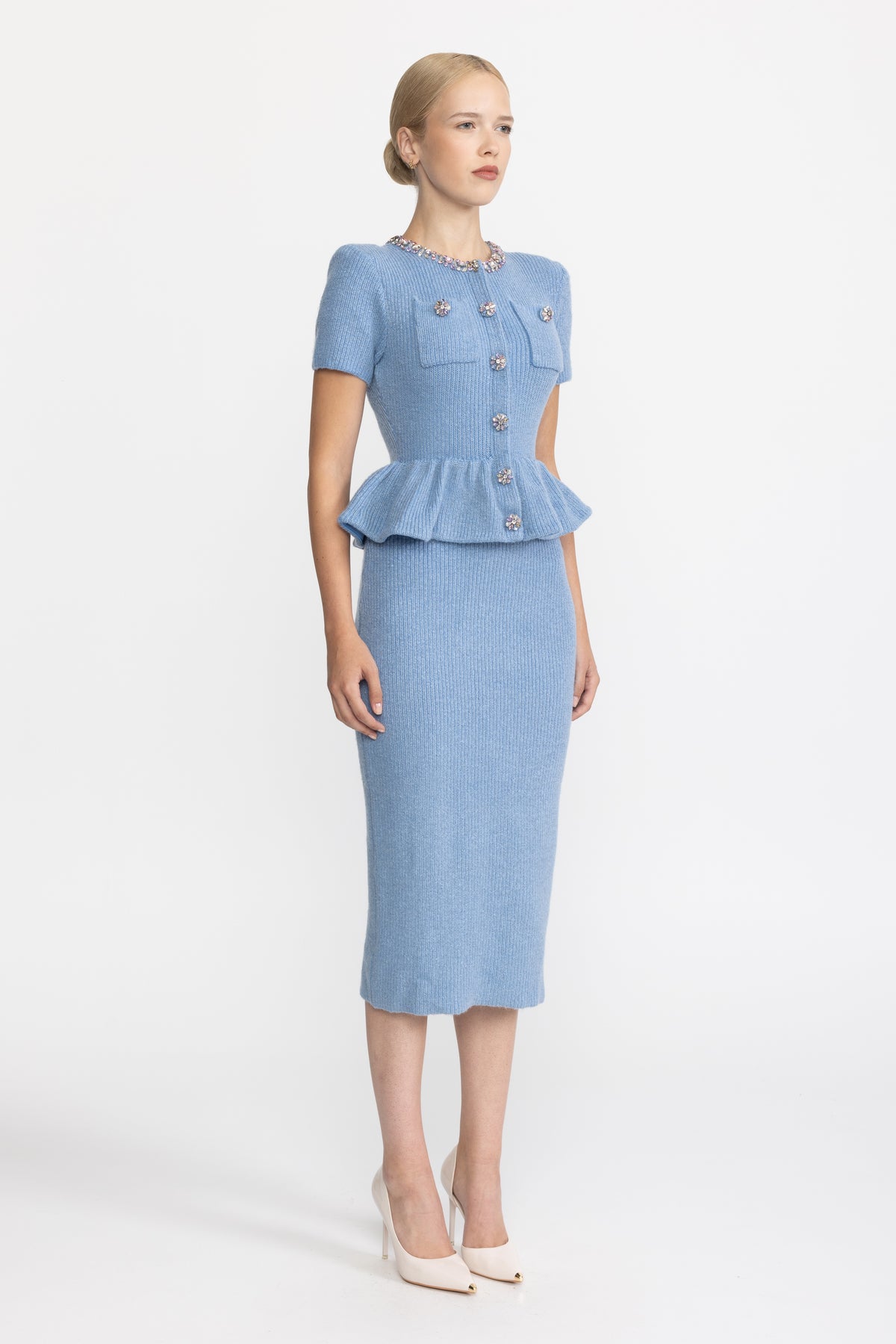 Crystal Embellished Knit Peplum Midi Dress - Light Blue
