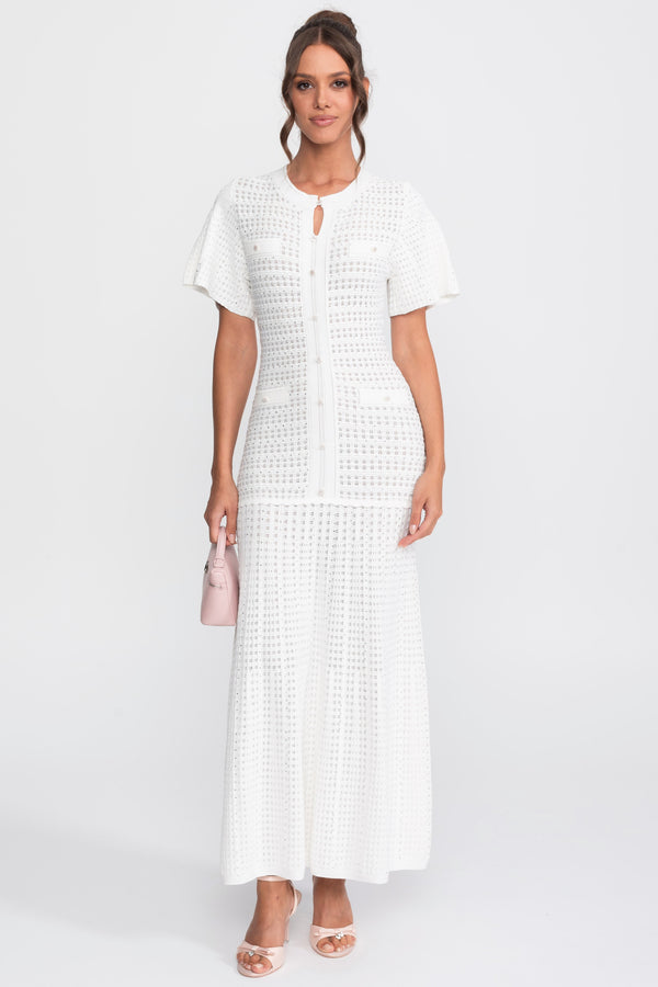 Rochie midi cu mânecă scurtă și textură tricotată cu sclipiri - Alb 