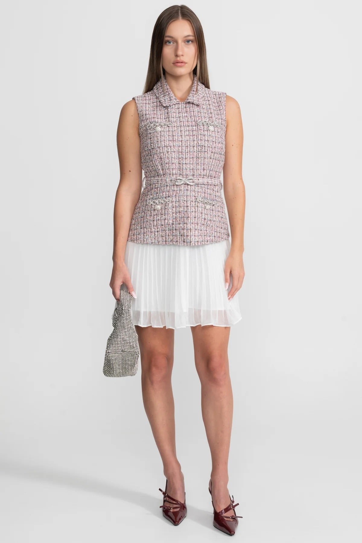 Tweed Vest Dress with Pleated Skirt Detail - Pink/White