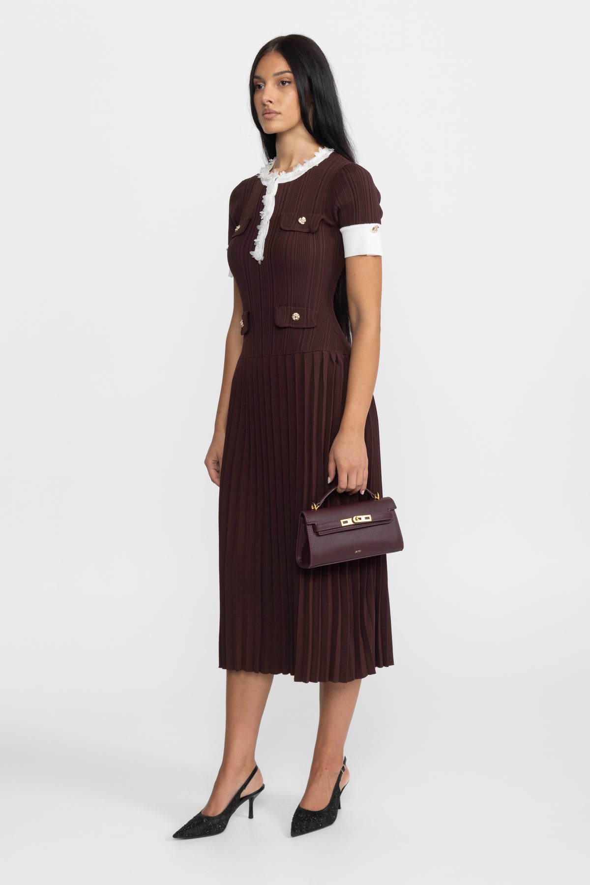 Rochie midi din tricot plisat cu volane decorative - Chocolate 