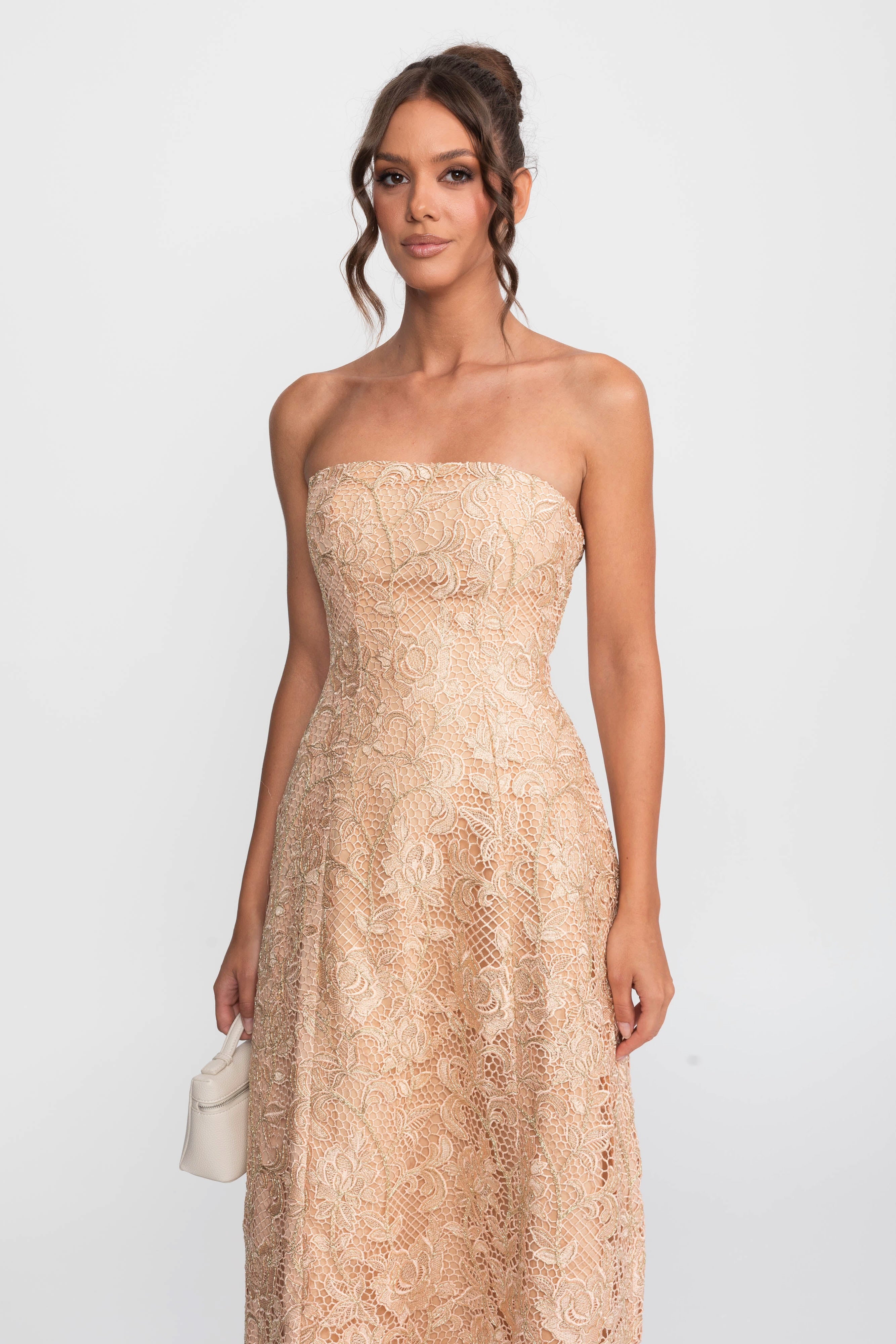 Rochie de gală cu dantelă florală, fără bretele, cu fustă amplă în linie A - Gold 