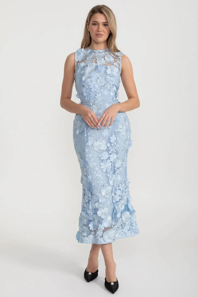 Rochie Transparentă cu Talie Conică și Aplicații Florale - baby blue 