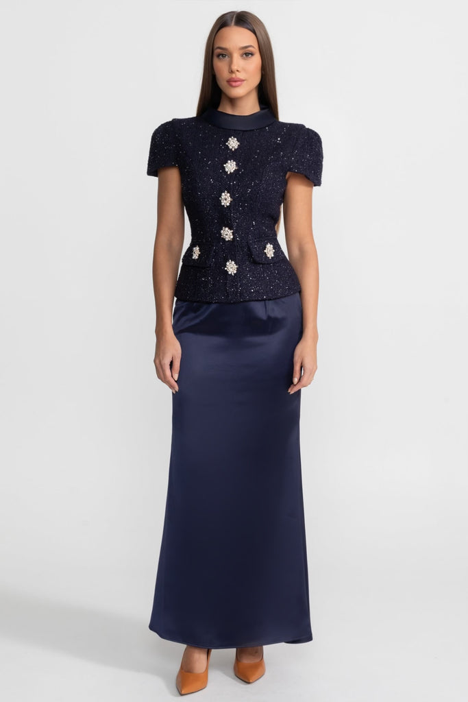 Set Co-Ord cu Top Împodobit din Tweed și Fustă Maxi din Satin - Navy 