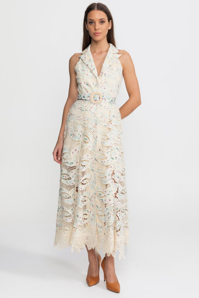 Rochie midi halter din dantelă cu talie accesorizată cu curea – Ivoire 