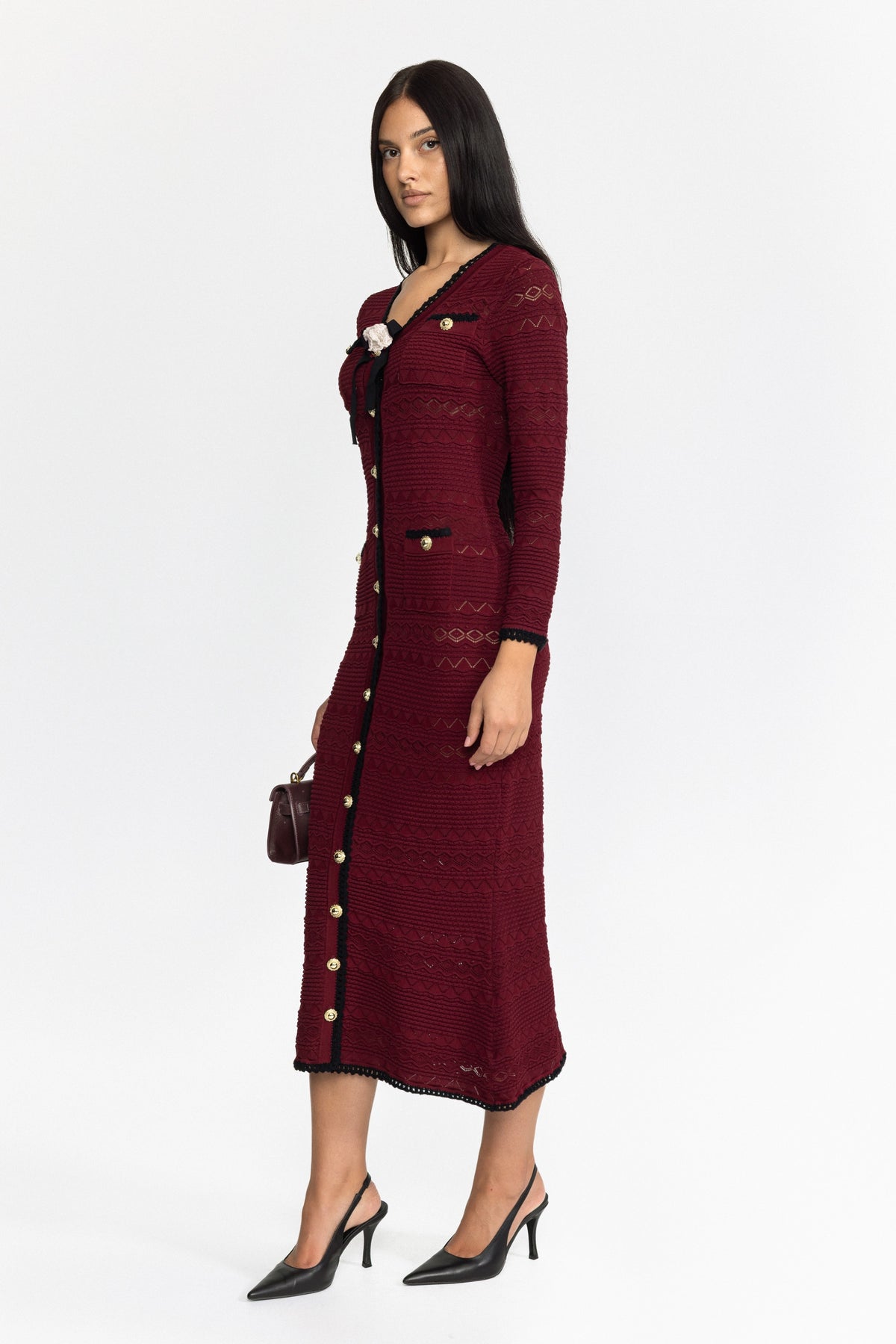 Crochet Trim Knit Button Midi Dress with Flower Brooch - Wine