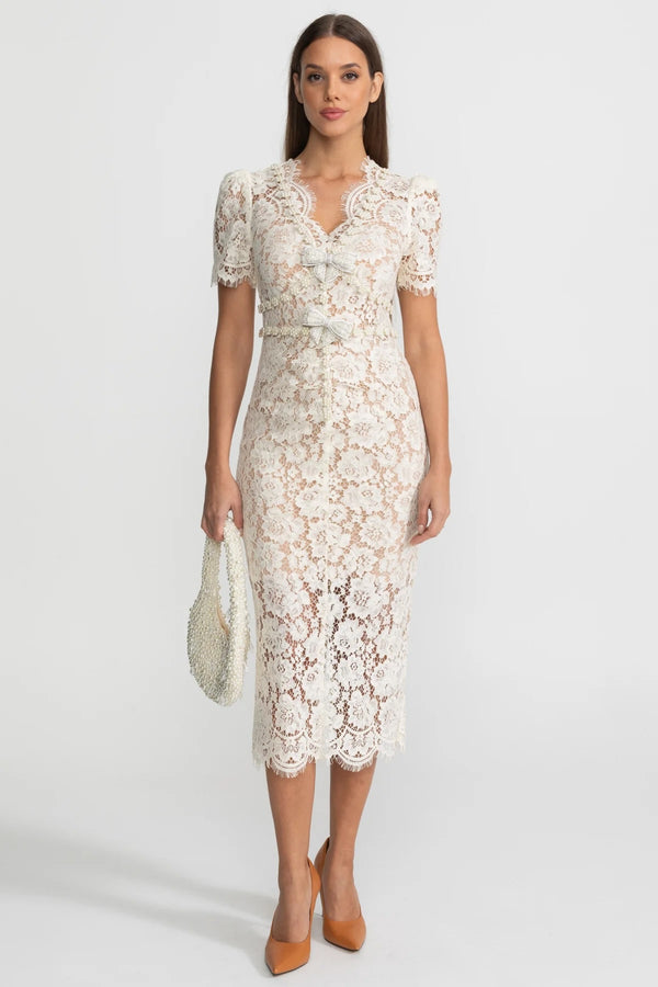 Rochie midi din dantelă împodobită cu detalii de fundă – Ivoire 