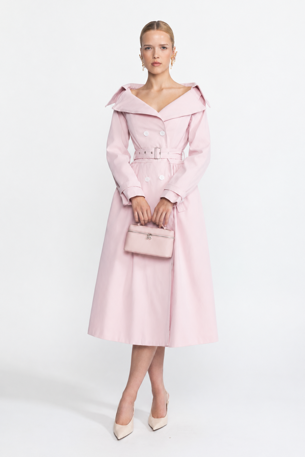 Rochie trench roz, cu guler off-shoulder și cordon în talie 