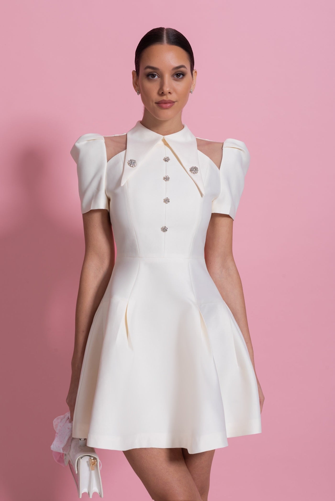 Puff Sleeve Mini Dress With Pointed Collar And Crystal Button Front - Ivoire