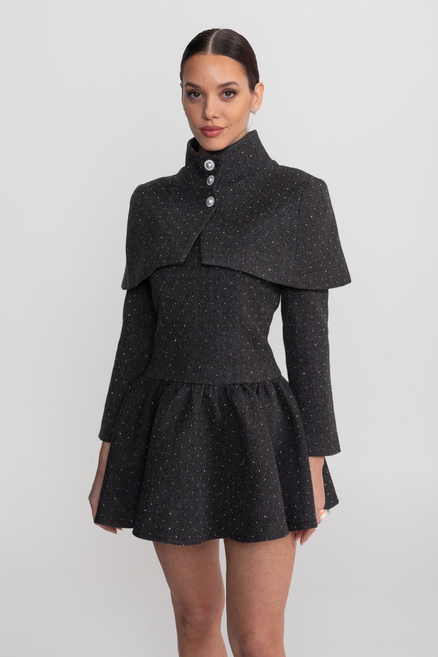 Rochie mini cu mâneci lungi și suprapunere de pelerină detașabilă - Charcoal 
