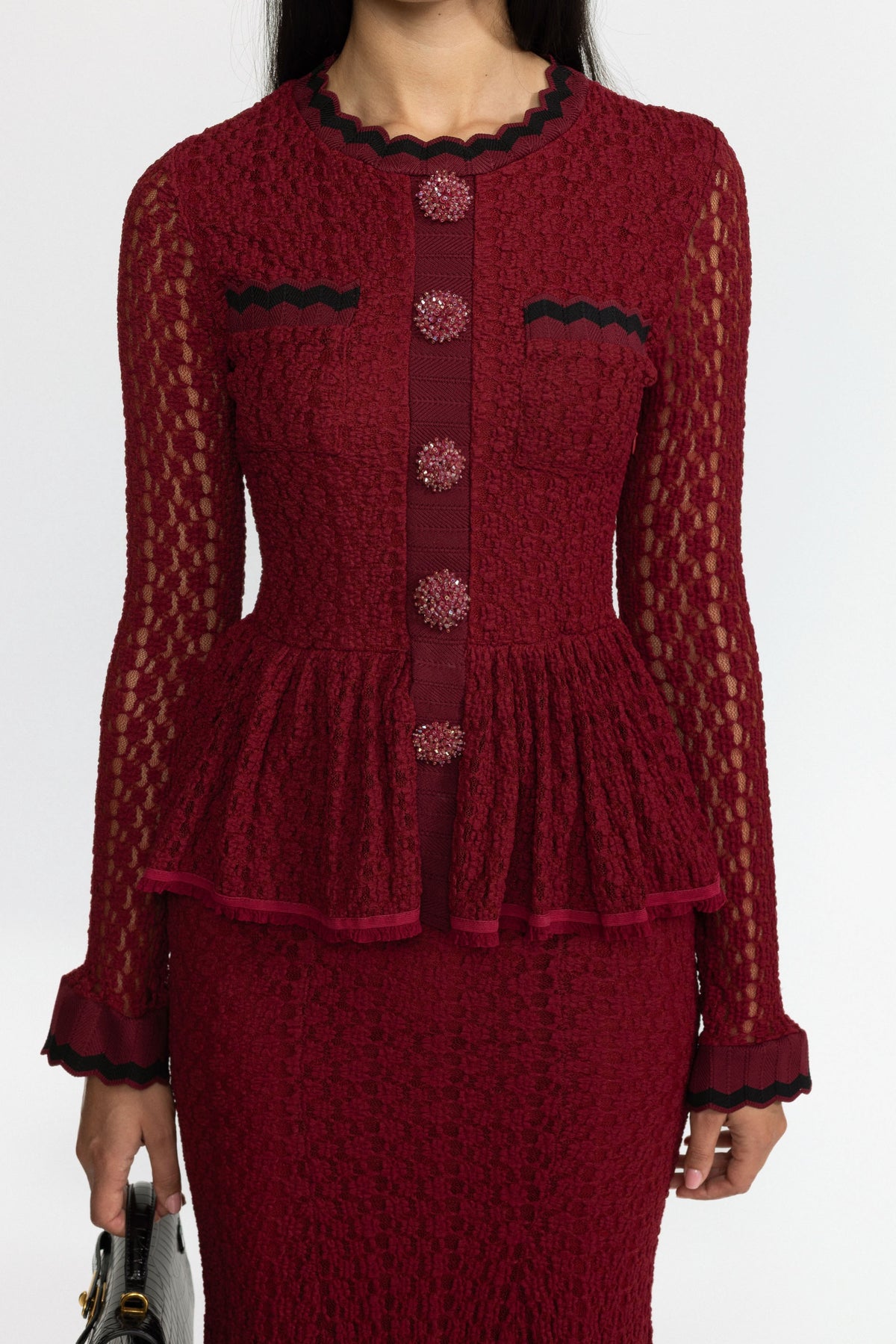 Crochet Knit Peplum Midi Dress with Ric-Rac Trim - Wine