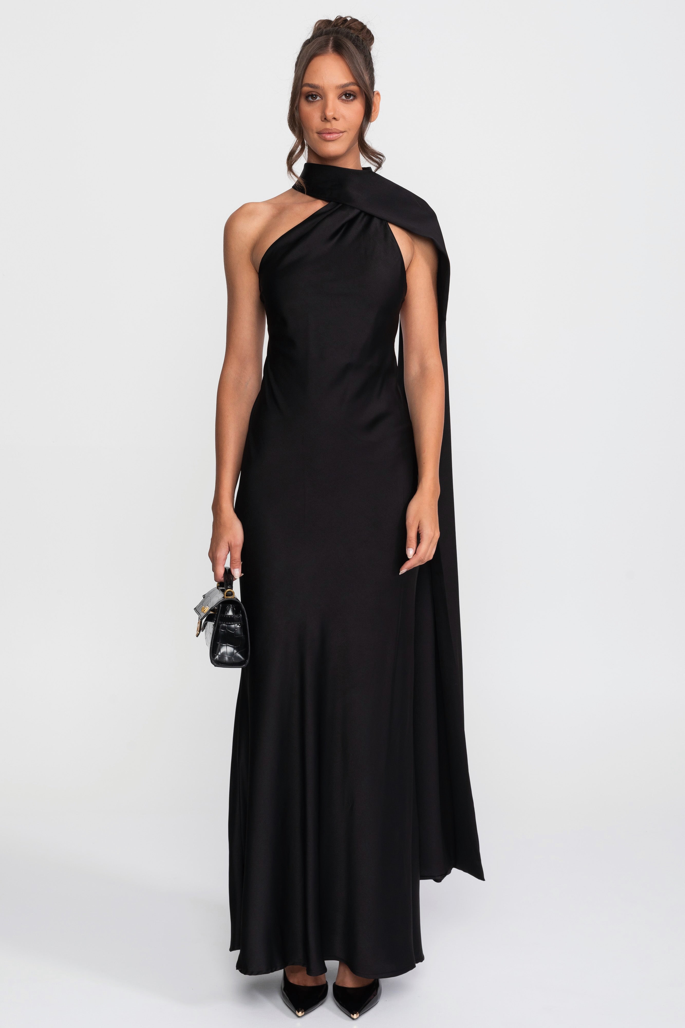 Rochie slip din satin cu halter răsucit și decolteu asimetric - Negru 