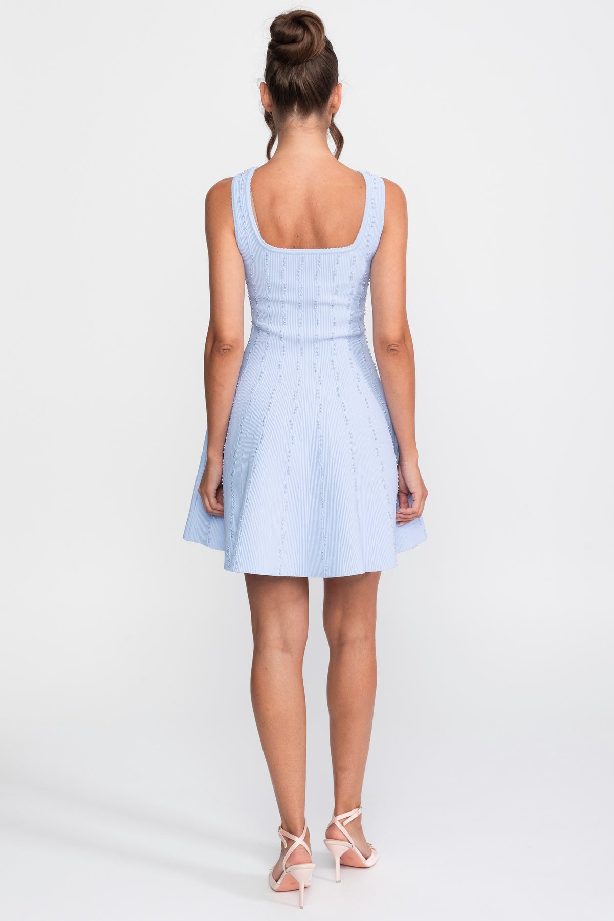 Rochie mini ribată cu perle și decolteu pătrat - Light Blue 