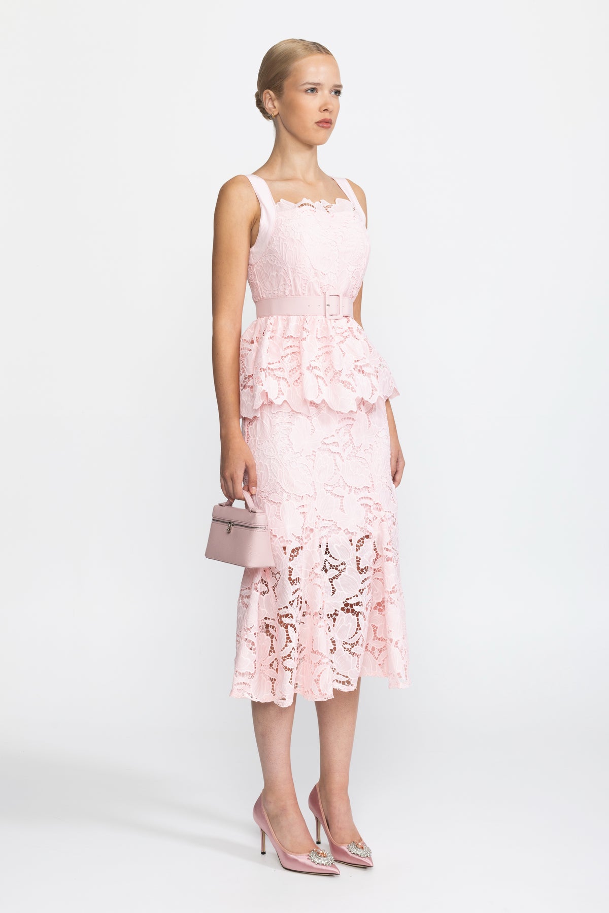 Guipure Lace Peplum Midi Dress - Pink