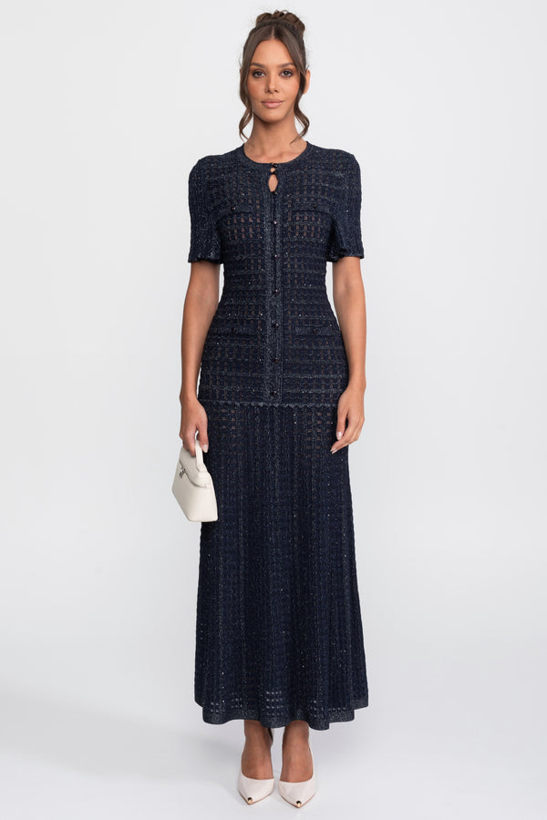 Rochie midi cu mâneci scurte, textură tricotată cu sclipiri - Navy 