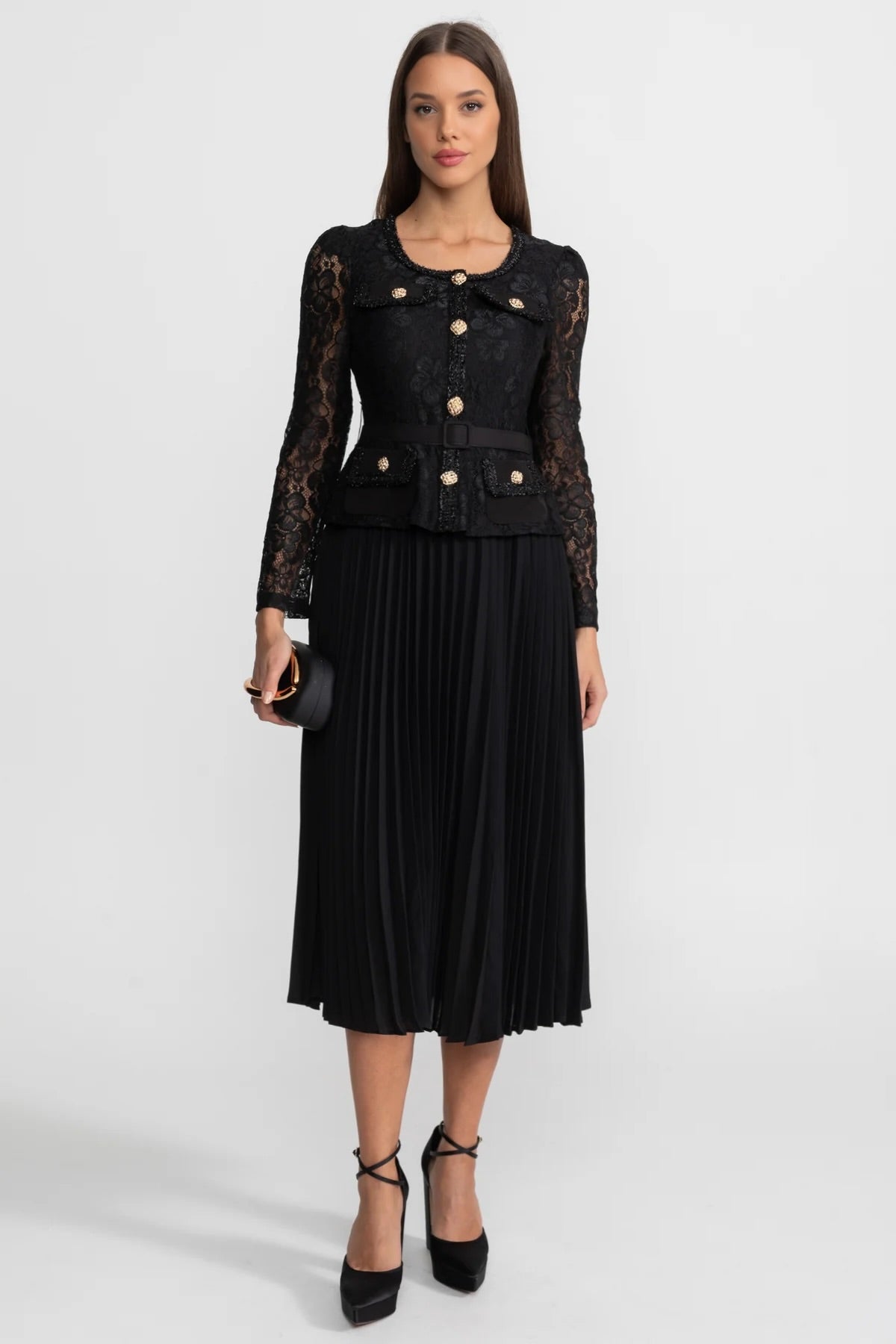 Lace and Pleated Midi Dress with Gold Button Detailing - Black
