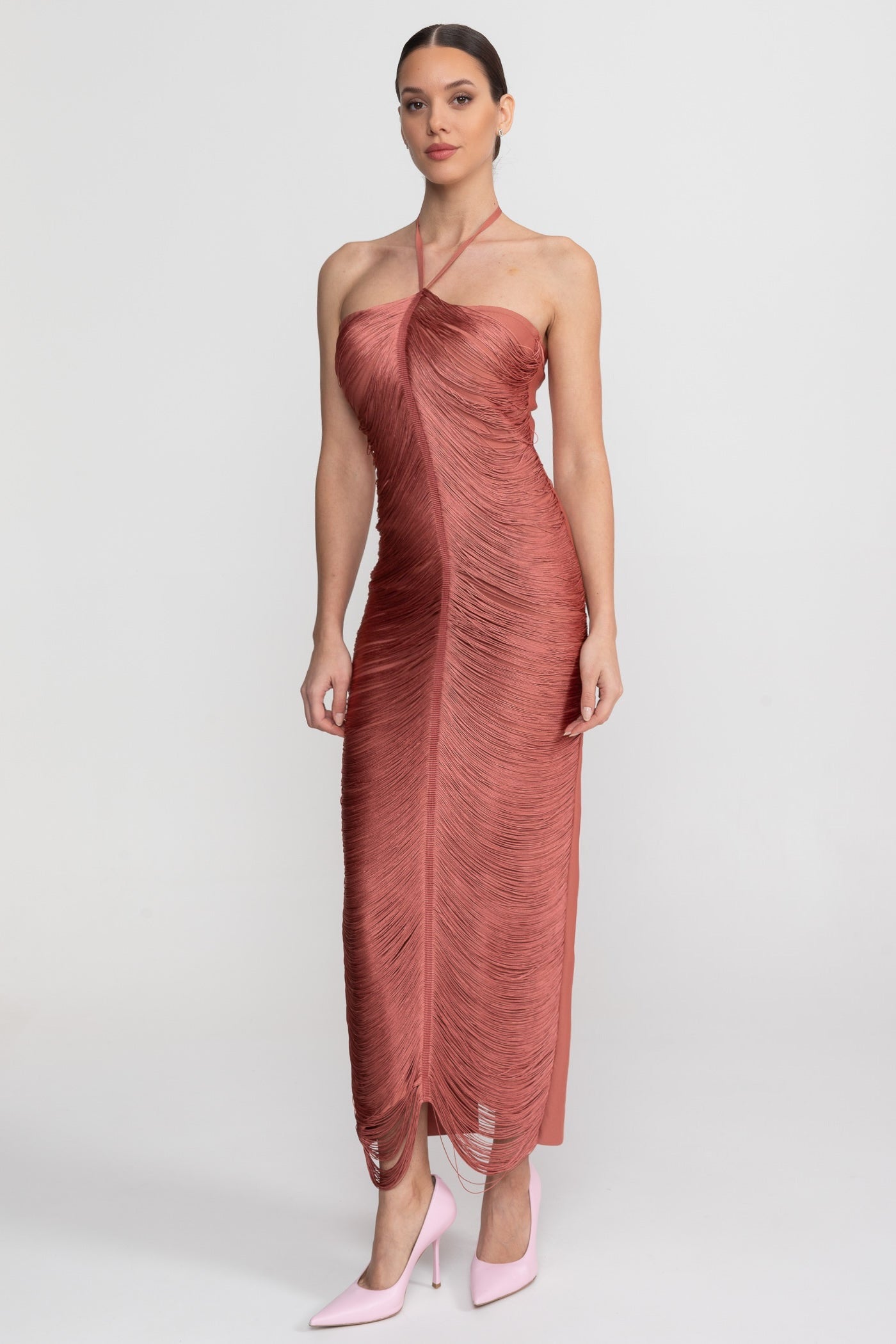 Rochie midi cu guler halter și textură plisată integrală - Maro deschis 