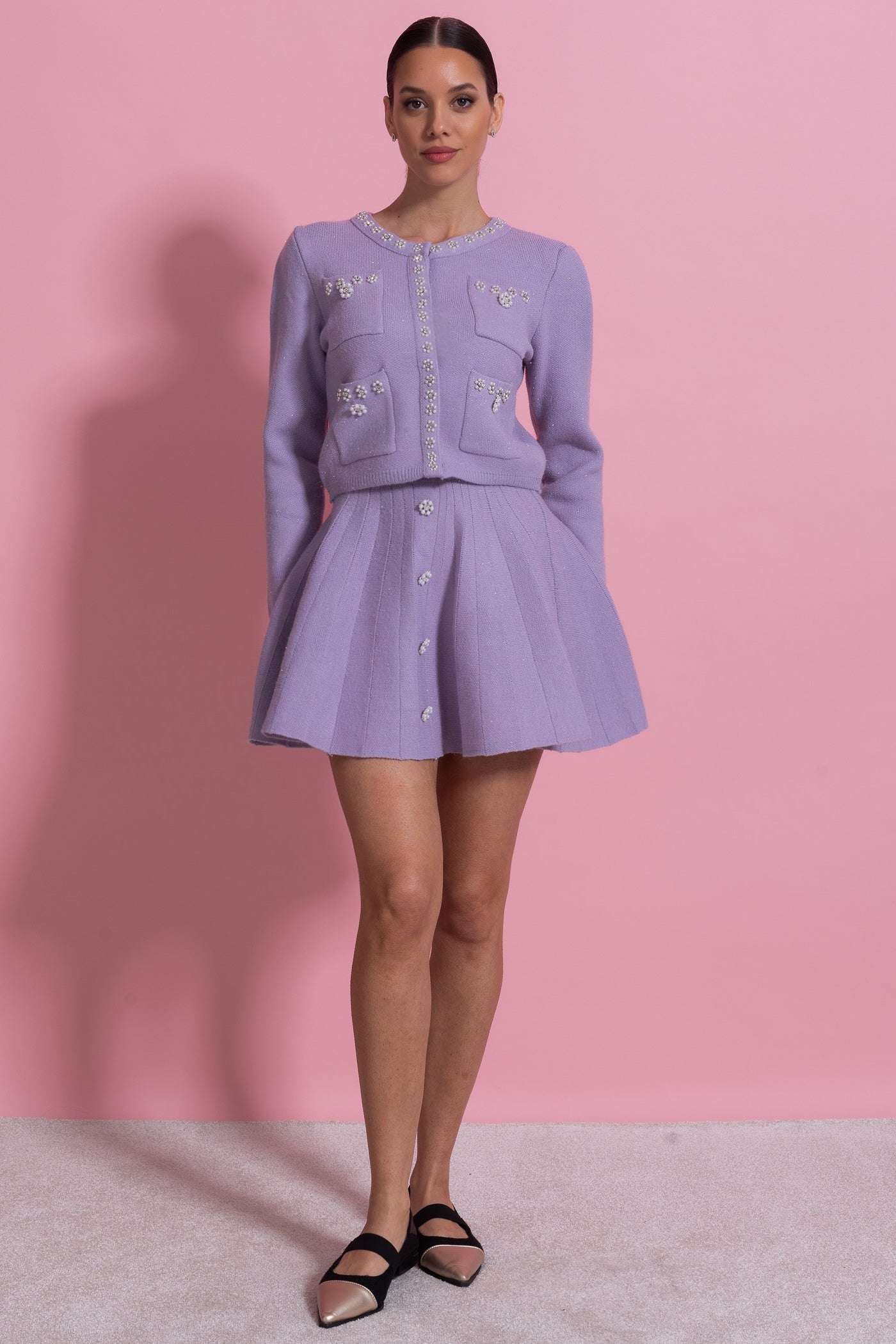 Set tricotat coordonat cu cardigan cu mâneci lungi și fustă mini asortată - Lilac 