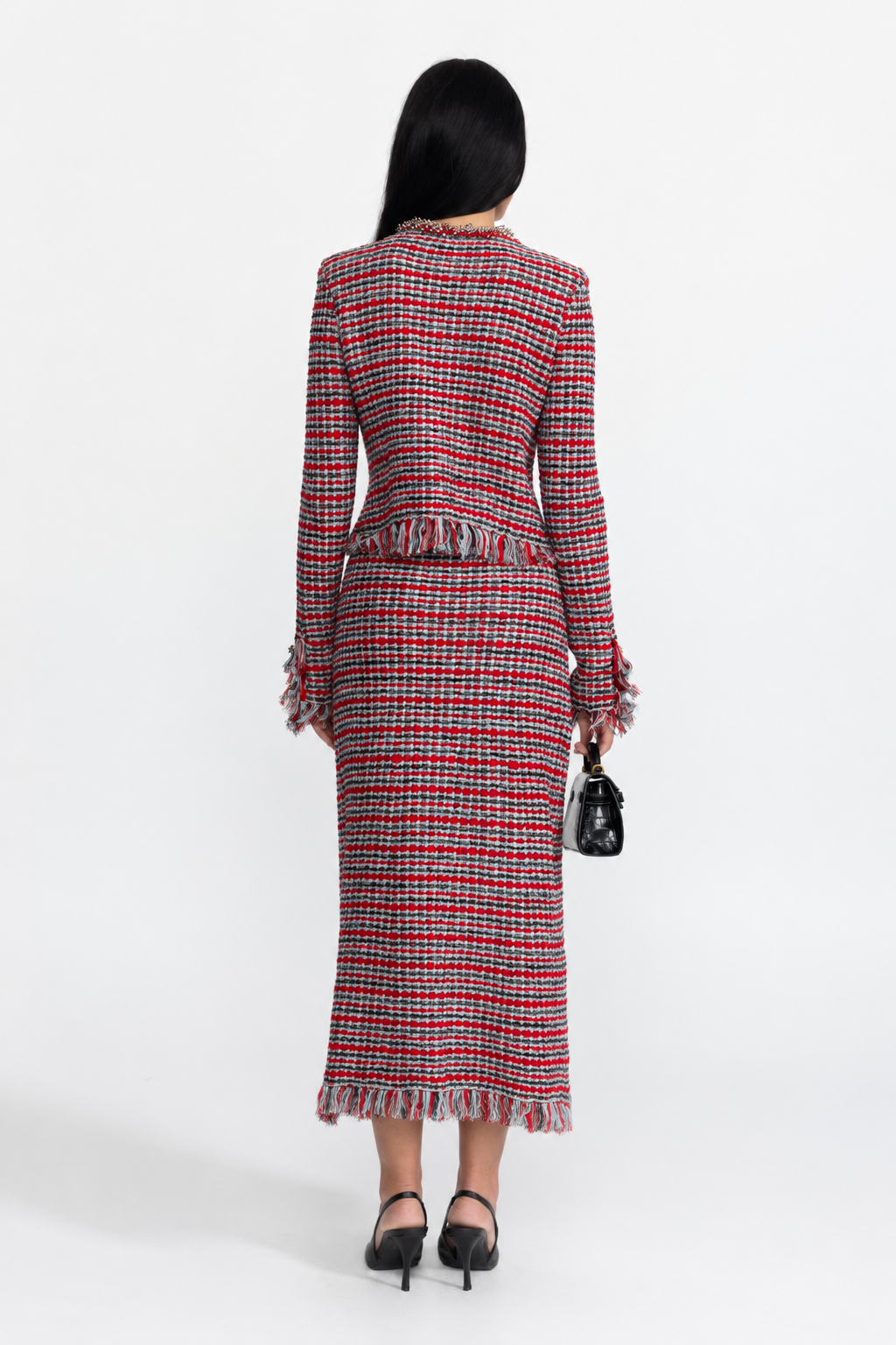 Set coordonat din jachetă din tweed cu franjuri și fustă midi - roșu multicolor 