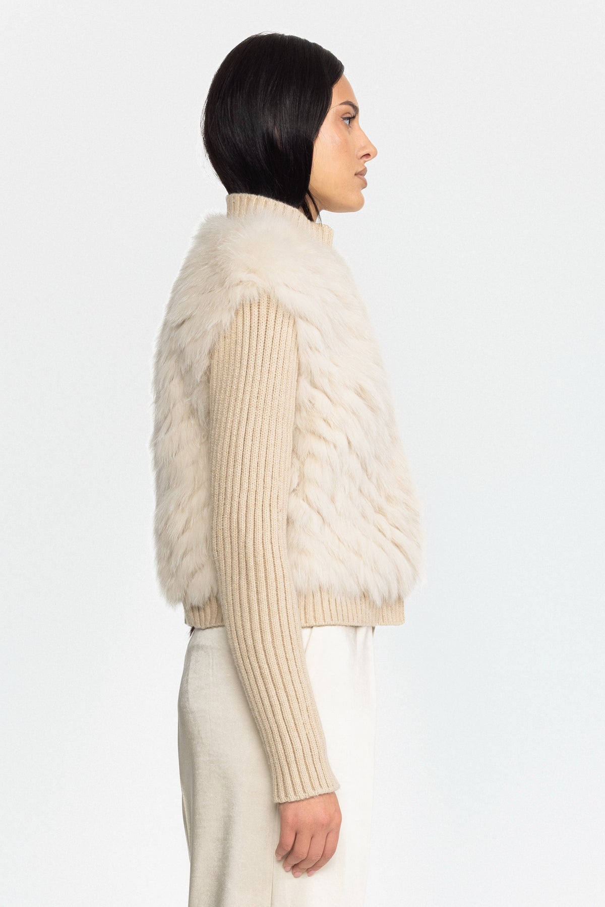 Knitted Fox Fur Jacket with Rib Knit Sleeves - Beige
