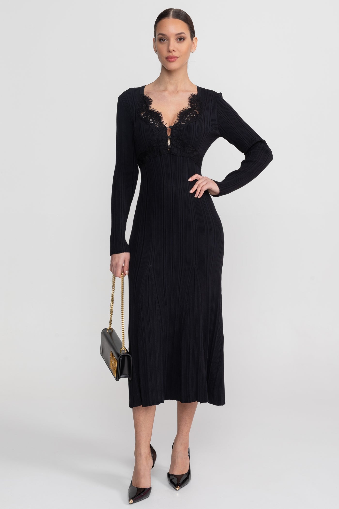 Rochie midi cu mâneci lungi și model reiat, decolteu în V cu dantelă - Negru 