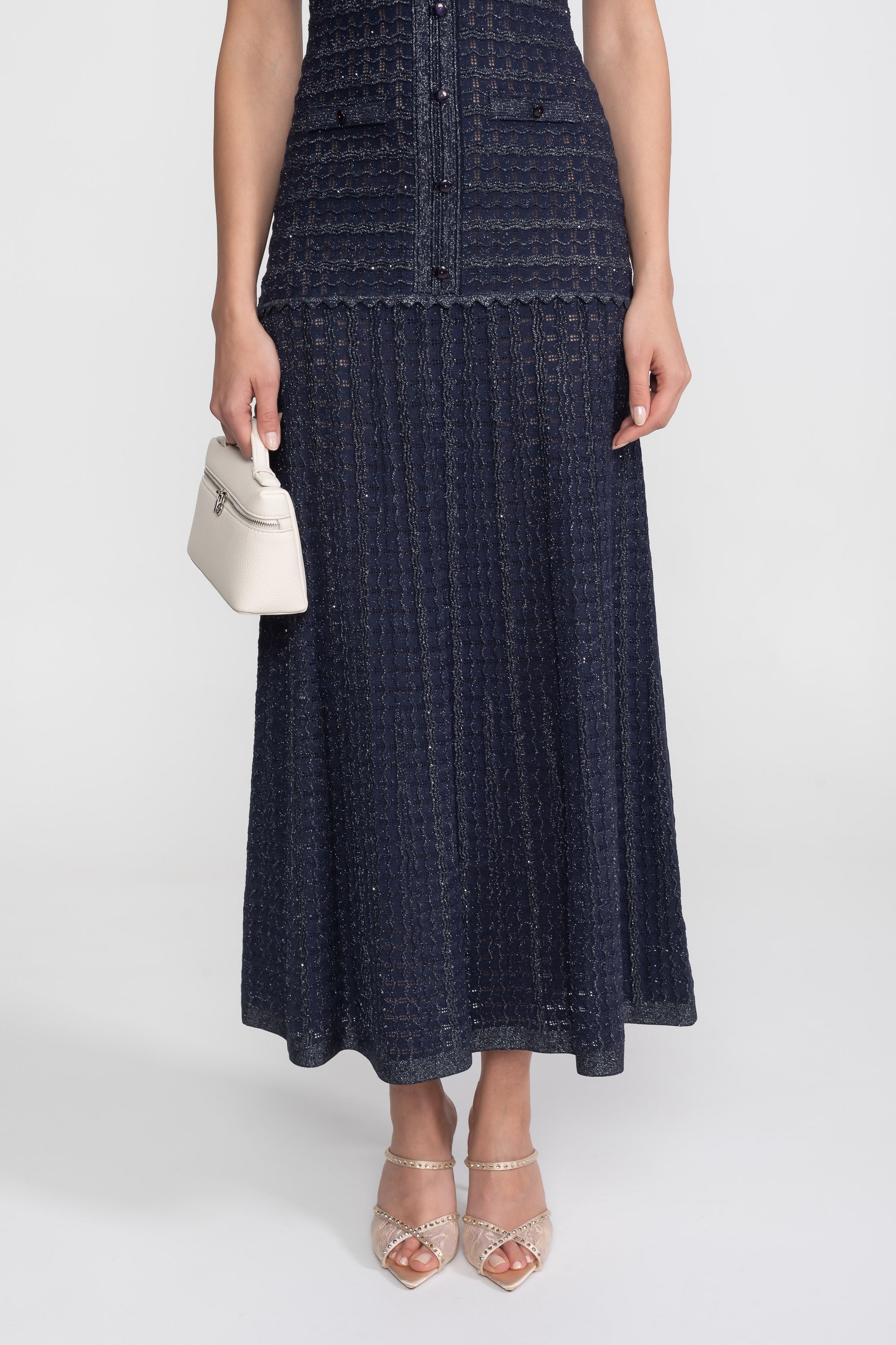Rochie midi cu mâneci scurte, textură tricotată cu sclipiri - Navy 